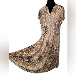 Plus Size Neutral Boho Hippie Earthy Southwestern Floral Aztec Stretch Mid Dress